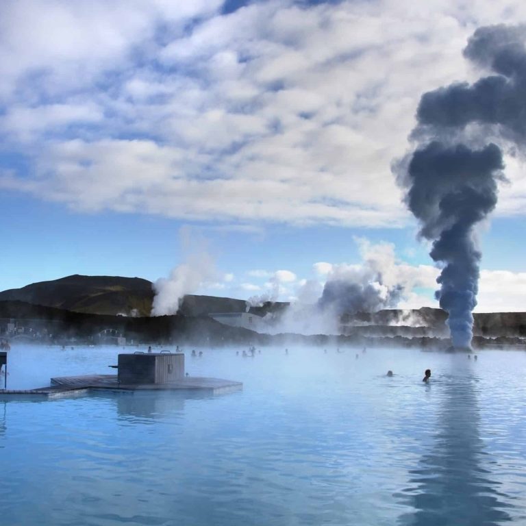 The Blue Lagoon Geothermal Hot Springs near Grindavík in Iceland. Surplus mineral-rich water from the nearby Svartsengi Geothermal Power Station fills up the Blue Lagoon, which is a popular bathing resort.